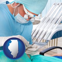 il map icon and an oral surgeon operating on a dental patient