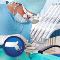 ma map icon and an oral surgeon operating on a dental patient