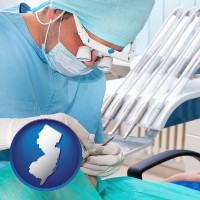nj map icon and an oral surgeon operating on a dental patient