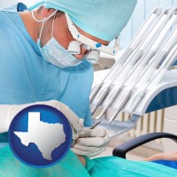 texas map icon and an oral surgeon operating on a dental patient