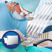 wa map icon and an oral surgeon operating on a dental patient