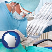 wi map icon and an oral surgeon operating on a dental patient